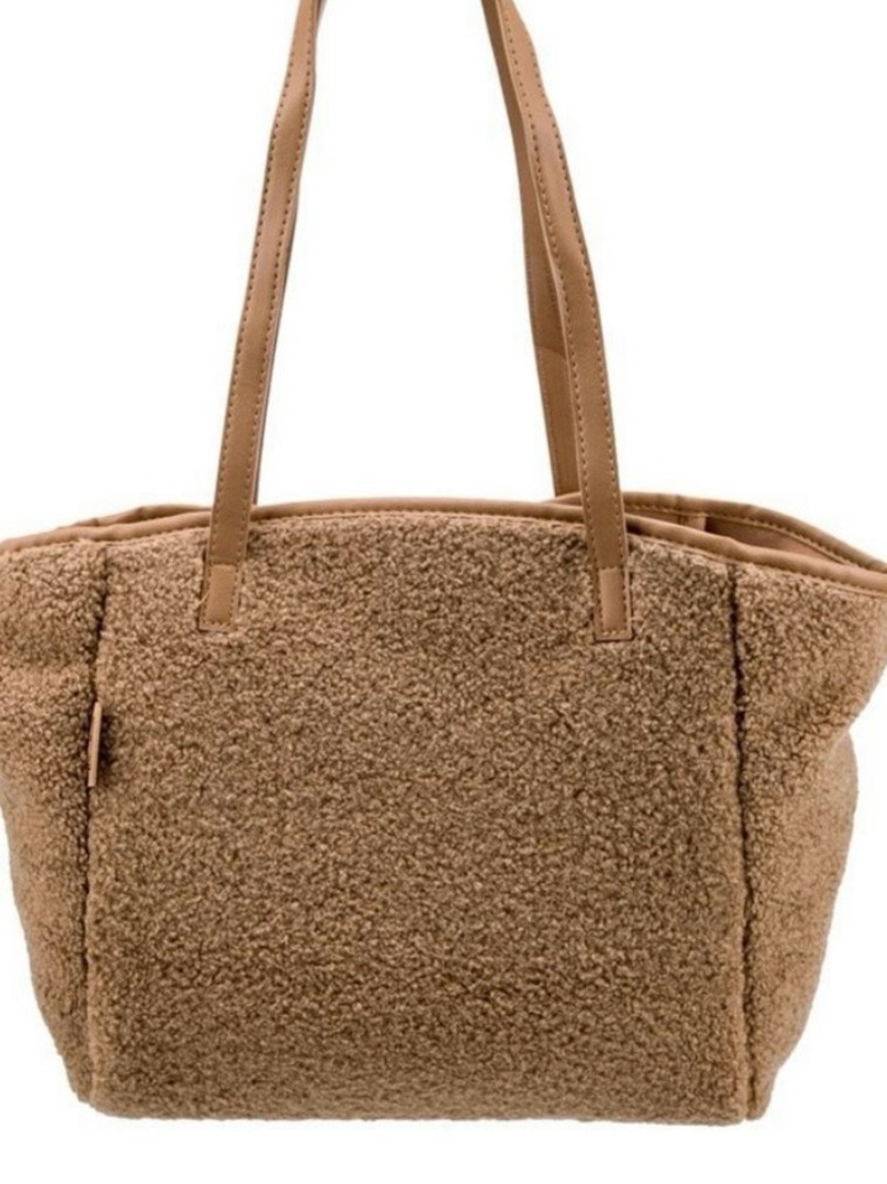 Neman Marcus Teddy shoulder tote Sherpa hand bag faux leather cognac large tote - Picture 2 of 5